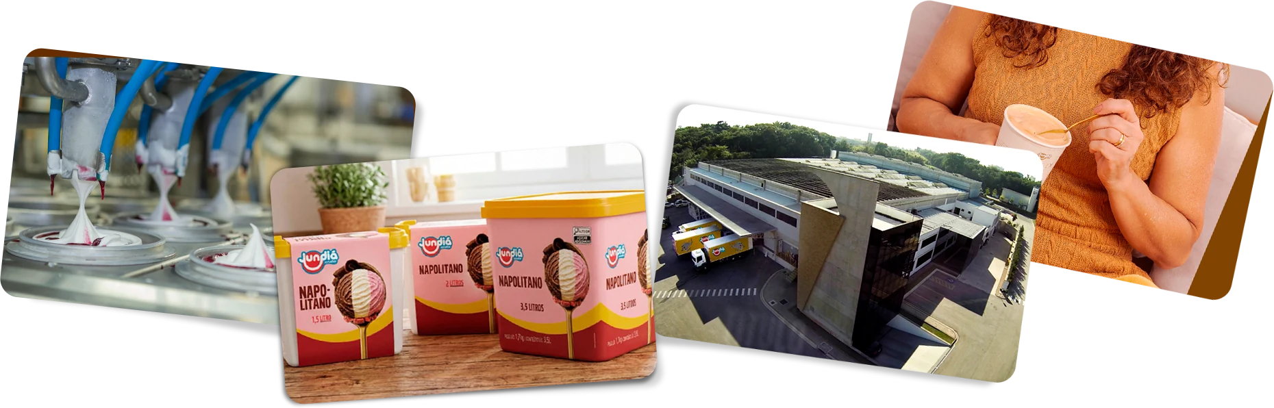 Produção de sorvetes, potes Napolitano, fábrica da Jundiá vista do alto e cliente tomando sorvete