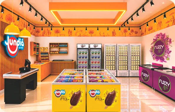 Interior da Loja de Fábrica Jundiá com freezers e balcão